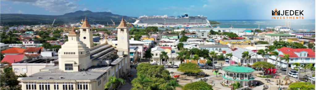 Historic city of Puerto Plata with beachfront properties, lush mountains, and panoramic ocean views on the North Coast of the Dominican Republic.