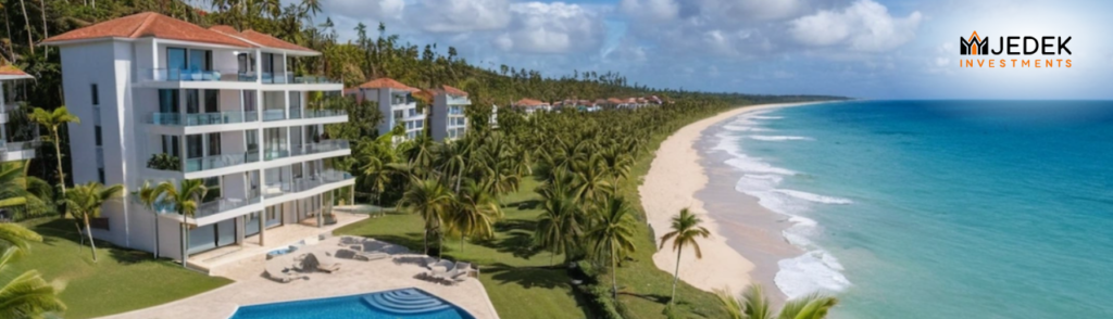 A stunning aerial view of luxury apartments on the North Coast of the Dominican Republic, highlighting beachfront properties and lush landscapes.