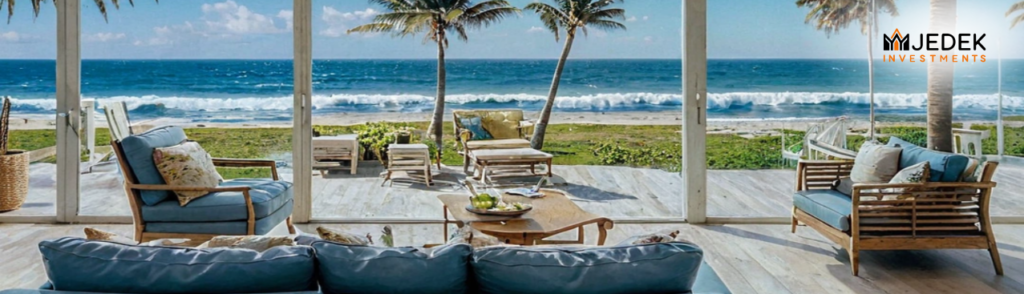 Aerial view of apartment complex in Puerto Plata with ocean views.